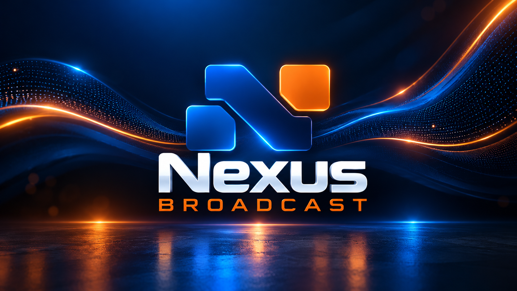 Nexus Broadcast — identidade visual em azul e laranja com efeitos luminosos